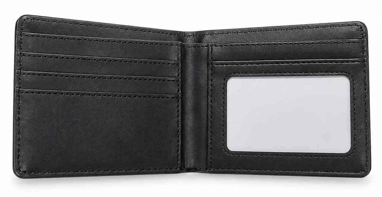 Open black wallet interior showing card slots on the left and a clear ID window on the right.